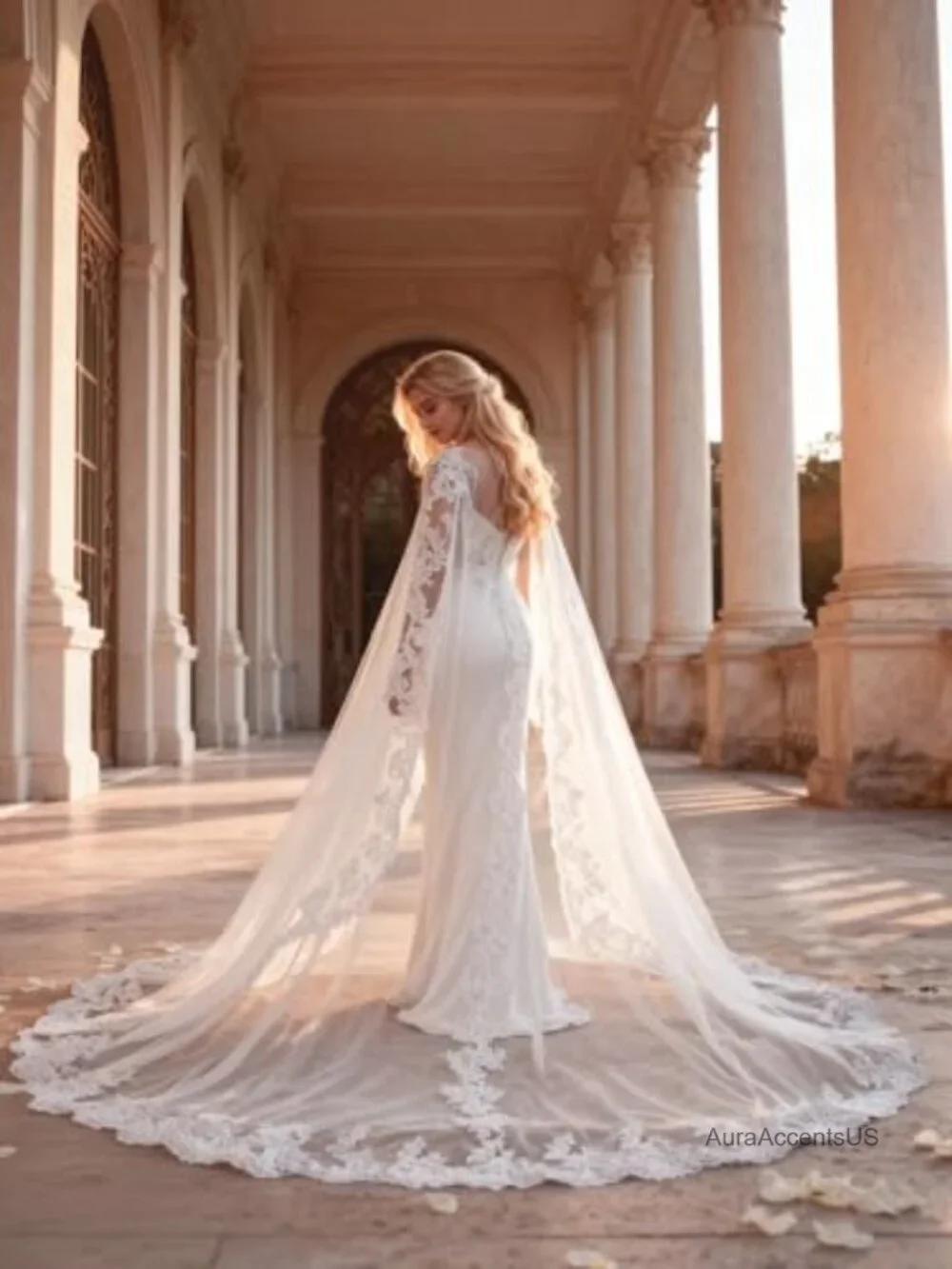 Women Wedding Cape Veil Tulle Lace Applique Long Train Bridal Shawl Cloak